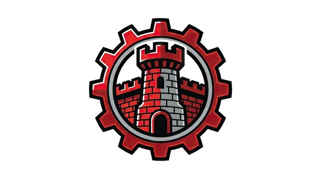 Red medieval castle tower inside a grey gear frame.