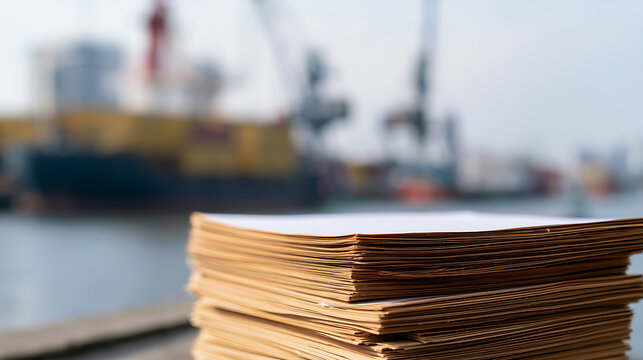 Stack of mail envelopes on a blurred background of a harbor with industrial cranes and a ship, symbolizing communication and logistics