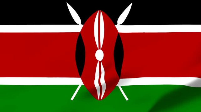 Kenyan flag with Maasai shield and spears waving in wind