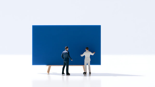 Two tiny figures stand before a large blue rectangular blank billboard, ready for new ideas, advertising, or information display on a white background