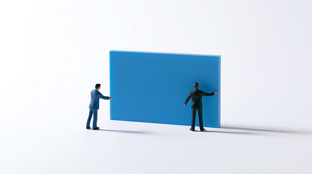 Tiny business figures work together to move a large blue block, symbolizing teamwork, problem-solve, and overcoming obstacles