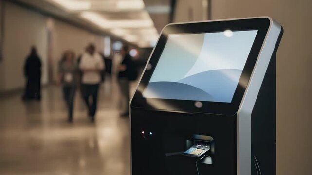 Medium shot of a compact automated kiosk inside a convention hall corridor focused on the touchscreen details for purchasing quick event insurance with attendees faintly blurred