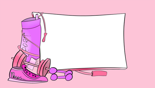 Workout items and equipment for exercise and fitness on a pink background