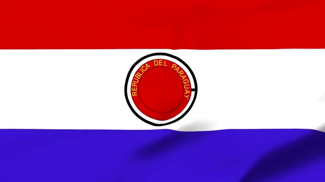 Paraguay flag waving with emblem in center on transparent background