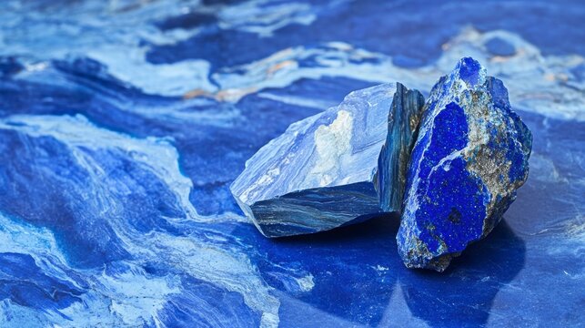 Two rough lapis lazuli stones on a blue marble background.