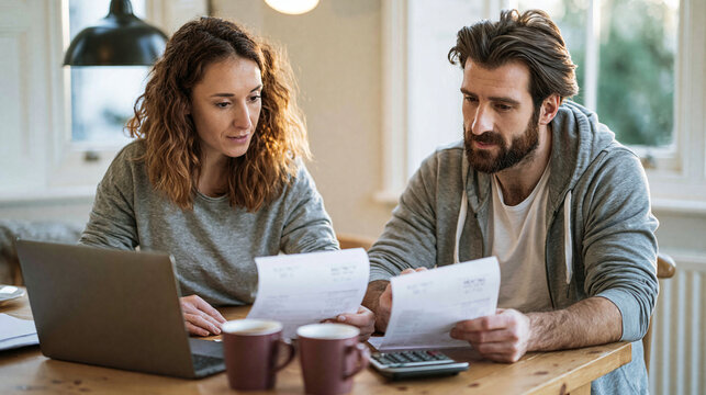 Couple reviewing household finances and monthly expenses at home