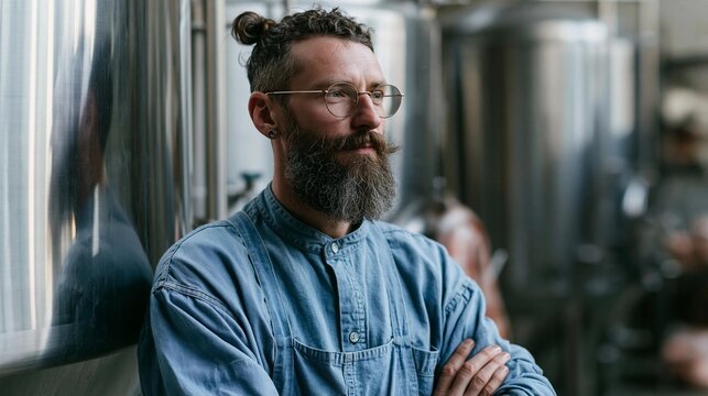 Portrait of a man with a long beard and mustache. he is wearing a blue denim shirt and glasses. he has a messy bun on his head and is standing in front of a row of stainless steel tanks.