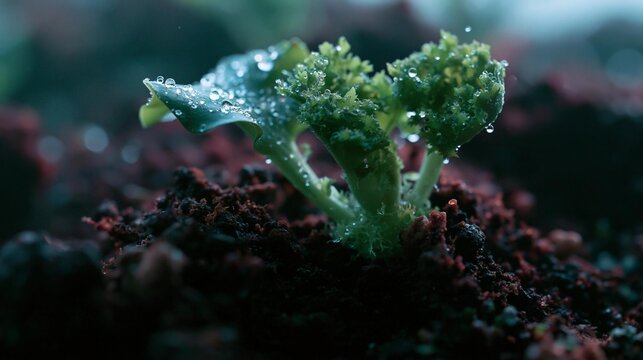 Close-up of a small green plant growing out of a bed of dark soil. the plant appears to be a type of seaweed or seaweed, with small leaves that are covered in small droplets of water.