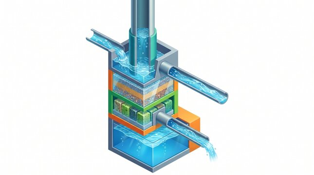 Water recycling system cross-section illustration with flowing streams  