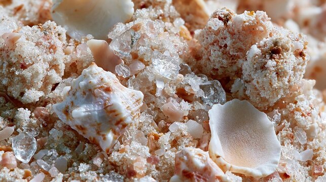 Close-up of a pile of small, irregularly shaped objects. the objects appear to be sea shells or conch shells, with a light pinkish-white color and a rough texture.