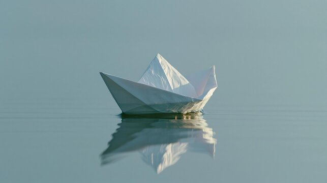 Photograph of a paper boat floating on a calm body of water. the boat is made of white paper and has a triangular shape with a pointed nose and a pointed stern.
