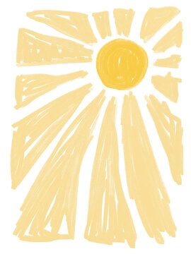 Hand drawn sun and sunburst illustration with crayon texture on black background