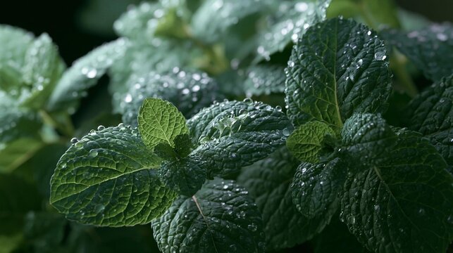 Close-up of a group of green leaves with water droplets on them. the leaves are large and have a glossy texture.
