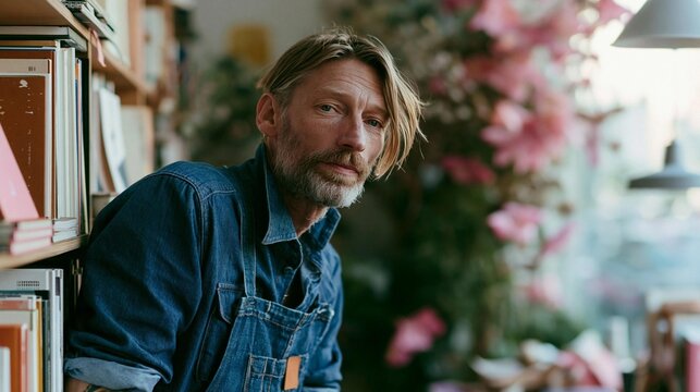 Portrait of a middle-aged man with a beard and mustache. he is wearing a denim jacket and is standing in front of a bookshelf filled with books.