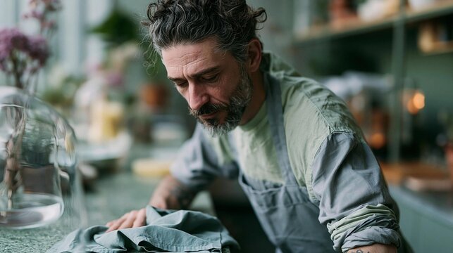 Man with a beard and curly hair, wearing a green shirt, working in a kitchen. he is leaning over a countertop and appears to be sorting through a piece of fabric.