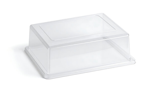 Isolated clear plastic food container with hinged lid, food packaging for bakery and pastry, isolated on white
