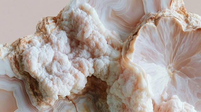 Close-up of a piece of rock or mineral. the rock appears to be a type of agate, with a pinkish-white color and a rough texture.