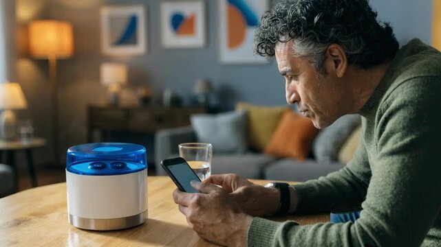 Middleaged man confirming medicine intake using an app linked to a sensorized dispenser with a softly blurred room behind.