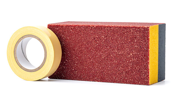 Isolated sanding block with tape, coarse abrasive surface for woodworking and construction tasks