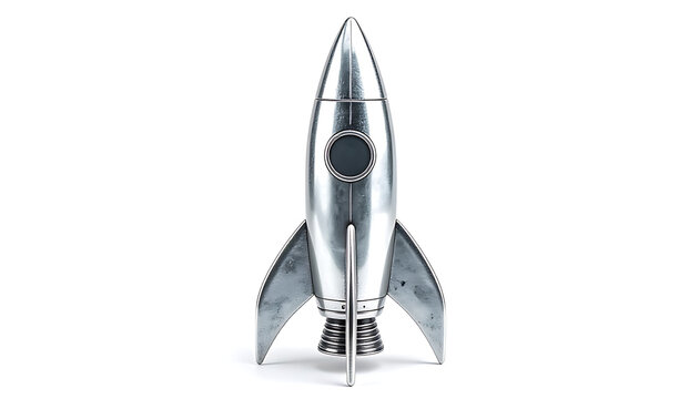 Isolated silver retro rocket ship on white background, space exploration concept, launch symbol, futuristic vehicle