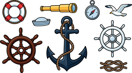 Nautical Vector Icon Set with Life Buoy, Telescope, Compass, Anchor, Ship Wheel, Sailor Hat and Rope Knot Illustration © MstLaily