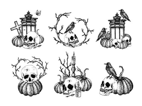 Graphic vector set of spooky gothic compositions human skulls, Halloween pumpkin, black raven, medieval cross, burning candle, dry bare branches. Dark occult collection for autumn holiday designs