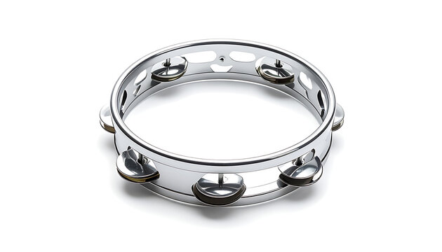Isolated tambourine with metal jingles and frame, percussion musical instrument on a white background, studio shot