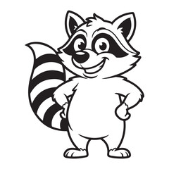 Fototapeta premium Cartoon raccoon character vector illustration, cute forest animal mascot in black and white line art, friendly raccoon standing with hands on hips