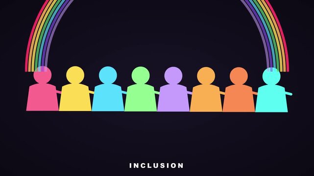 Diversity and inclusion concept with colorful human and rainbow arch for equality and community representation animation 4k