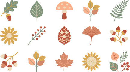 Autumn Botanical Vector Icon Set with Oak Leaf, Acorn, Mushroom, Pinecone, Sunflower, Ginkgo and Berry Sprig Illustration © MstLaily