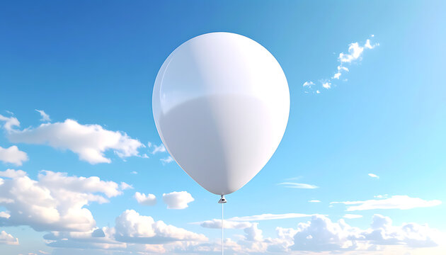 Isolated white balloon floating in blue sky with fluffy clouds, celebration or advertising concept