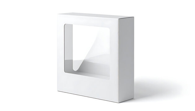 Isolated white cardboard box with a clear plastic window, packaging design, product display mockup