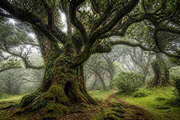 Fototapeta premium Ancient oak tree covered in moss standing in foggy forest