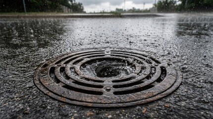 Naklejka premium Stormwater drain overflow heavy rain and urban drainage system in action