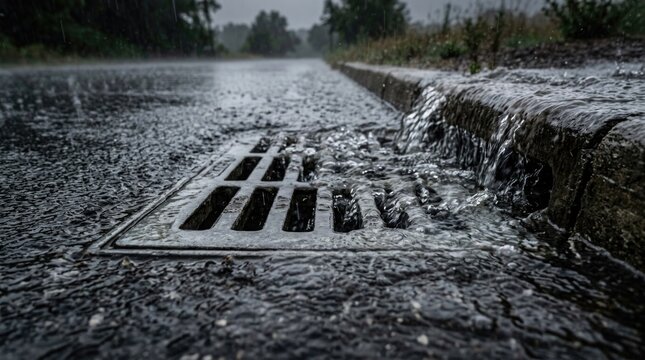 Stormwater drain overflow heavy rain and roadside drainage system