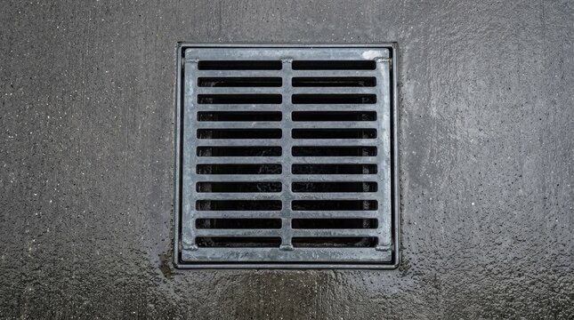 Close up of a metal stormwater drain in wet concrete surface