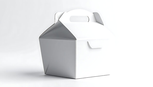 Isolated white gable box with handle, empty packaging for gifts or food, cutout on white background