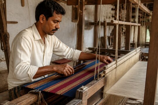 Man weaving traditional textile on wooden loom in workshop