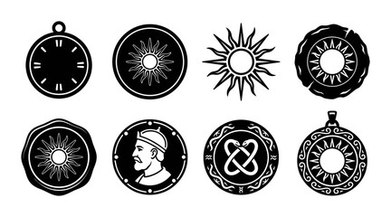 Ancient mystical symbols and occult icons set, 8 black and white vector medallions, celestial sun and esoteric sigil illustrations for tarot and magic © Sajid