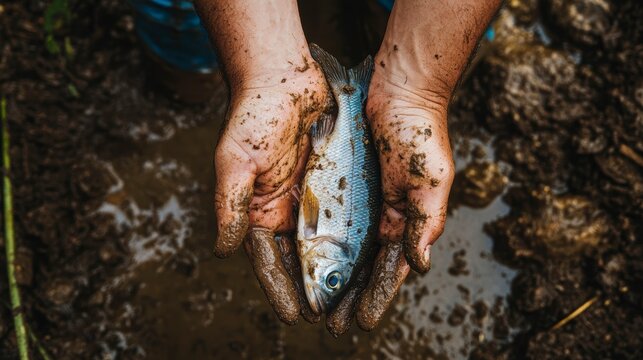 Close-up of muddy hands gently holding a small, freshly caught fish.