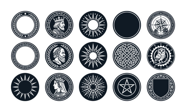 Vintage heraldic coin icons, 15 black and white medieval seal vectors, antique royal emblems with king and queen profiles, mystical occult symbols