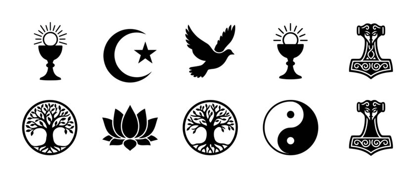 Religious and spiritual symbols set, 10 black vector icons of faith and mythology, sacred world religion signs for graphic design