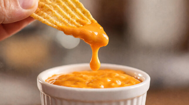Potato chip dipping into melted cheese sauce bowl, delicious snack, crunchy chip, dripping cheddar dip, tasty appetizer, snack time, savory dip, party food, close up snack photography.