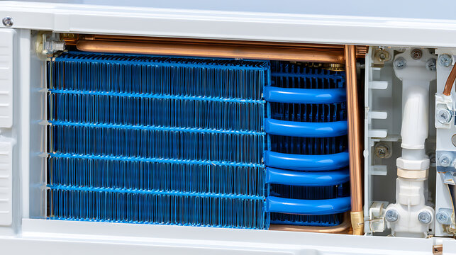 Close-up detail of a blue condenser coil and copper pipes within a cooling system, highlighting efficiency and technical precision