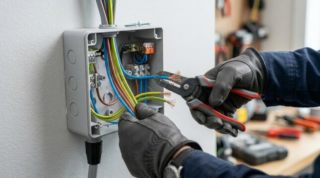 A worker uses pliers to cut copper wires inside an electrical junction box.