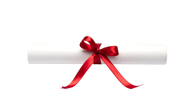 Isolated white scroll certificate tied with a red satin ribbon and a bow, representing achievement and recognition on a white background.