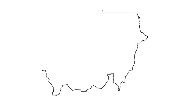 Minimal outline animation of sudan map border drawing on white background with black line.