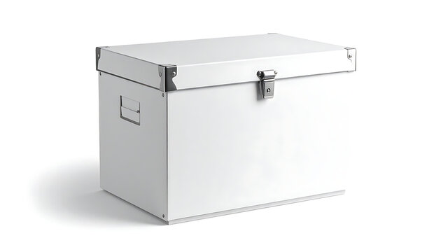 Isolated white storage box with metal clasp and reinforced corners, clean presentation for organization and archiving