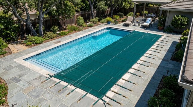 A backyard swimming pool is covered with a green pool cover and lounge chairs nearby.