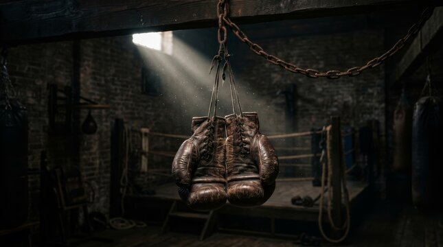 Old leather boxing gloves hang from a rusted chain in a dim gym.